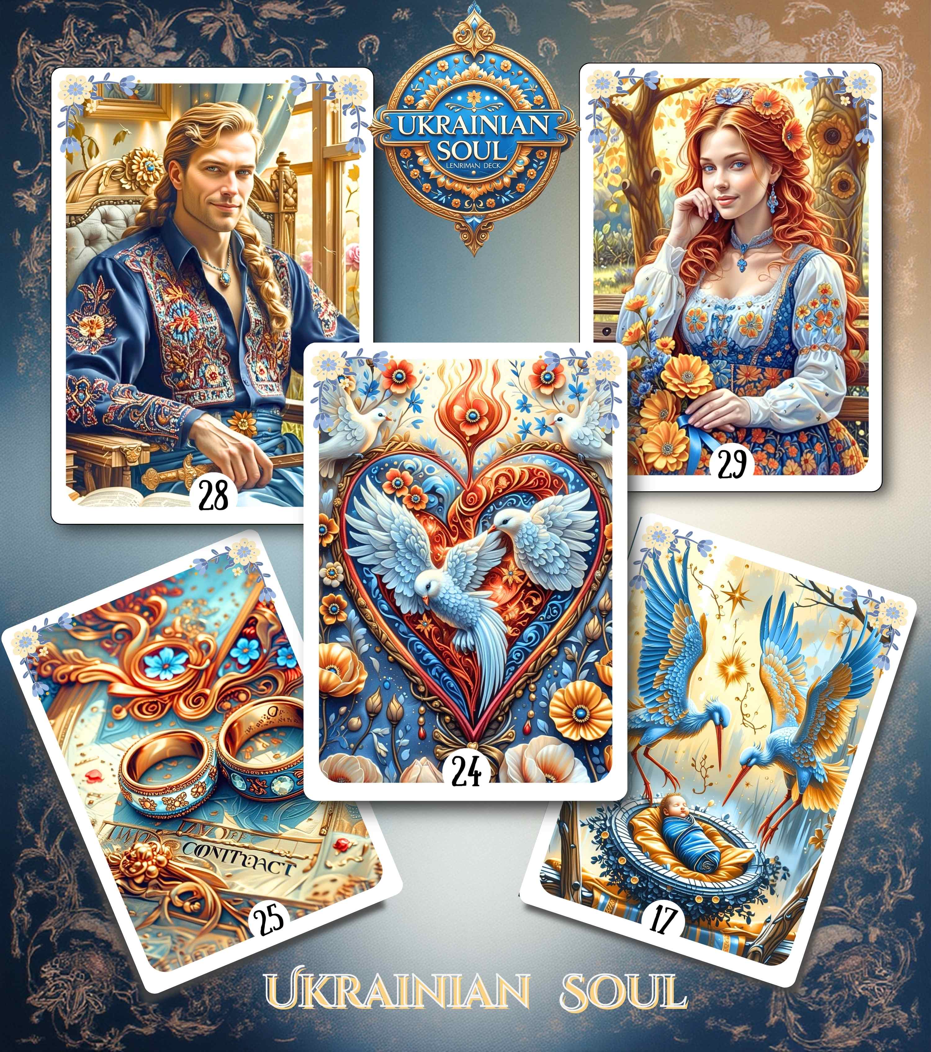 Ukrainian Soul Lenormand cards collage — Man, Woman, Heart, Ring and Storks in blue and gold Slavic folk art illustration, handmade cartomancy deck by MardocCraft
