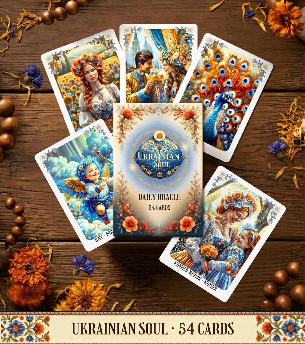 Branded card fan with title banner Ukrainian Soul Oracle 54 cards — Slavic folk art daily oracle MardocCraft