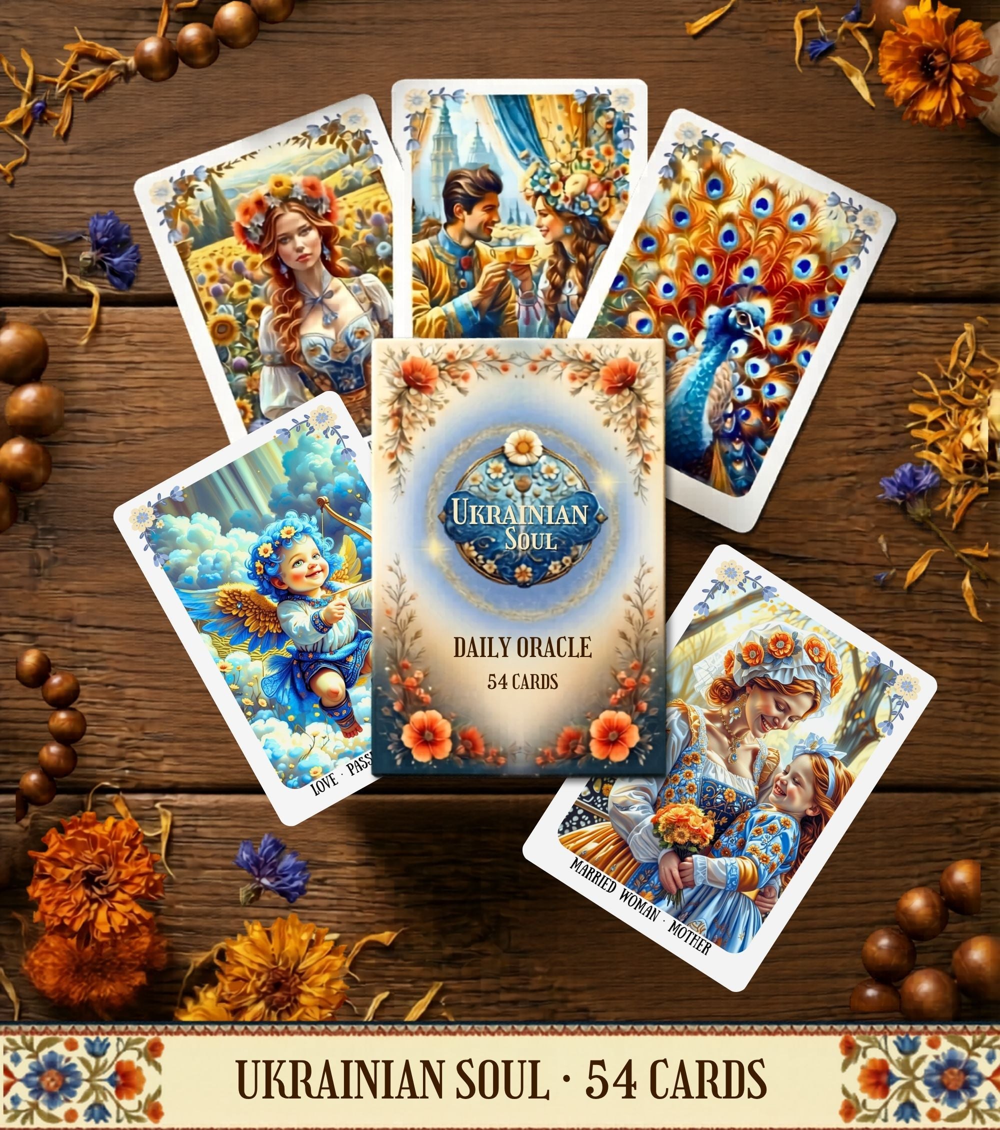 Branded card fan with title banner Ukrainian Soul Oracle 54 cards — Slavic folk art daily oracle MardocCraft