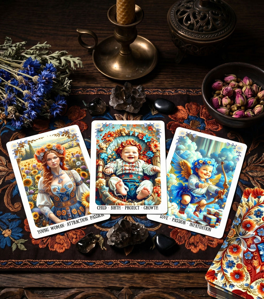 Three cards reading Ukrainian Soul Oracle — dark folklore witchy aesthetic dried flowers crystals MardocCraft