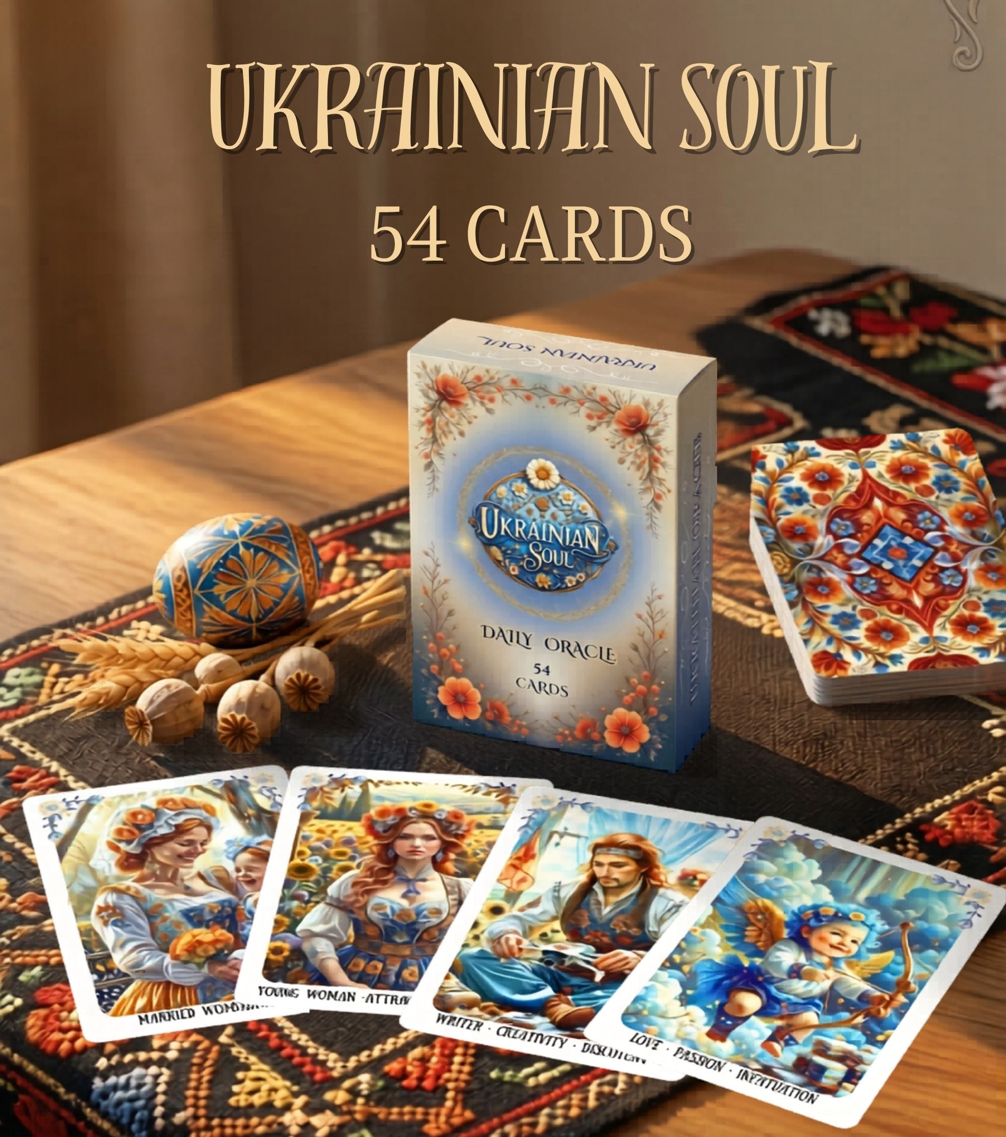 Box and cards lifestyle Ukrainian Soul Oracle 54 cards — Ukrainian folk decor pysanka wheat MardocCraft