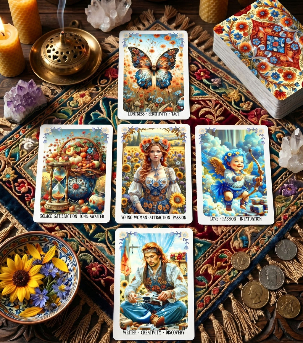 Five cards circle layout on embroidered rug Ukrainian Soul Oracle — candles crystals coins indie divination MardocCraft