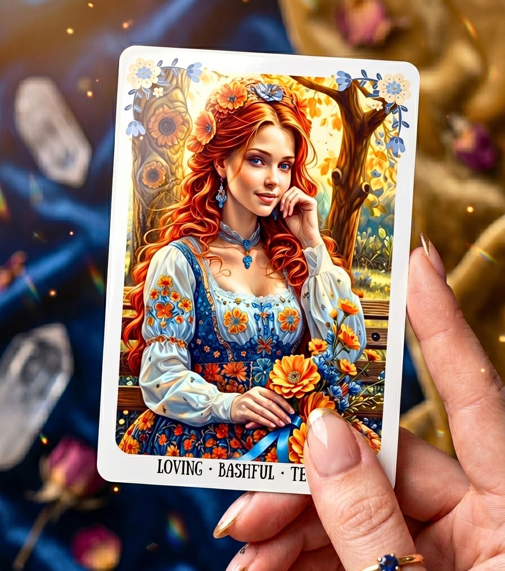 Single card hand-held Ukrainian Soul Oracle Loving Bashful — illustrated Slavic woman folk art MardocCraft