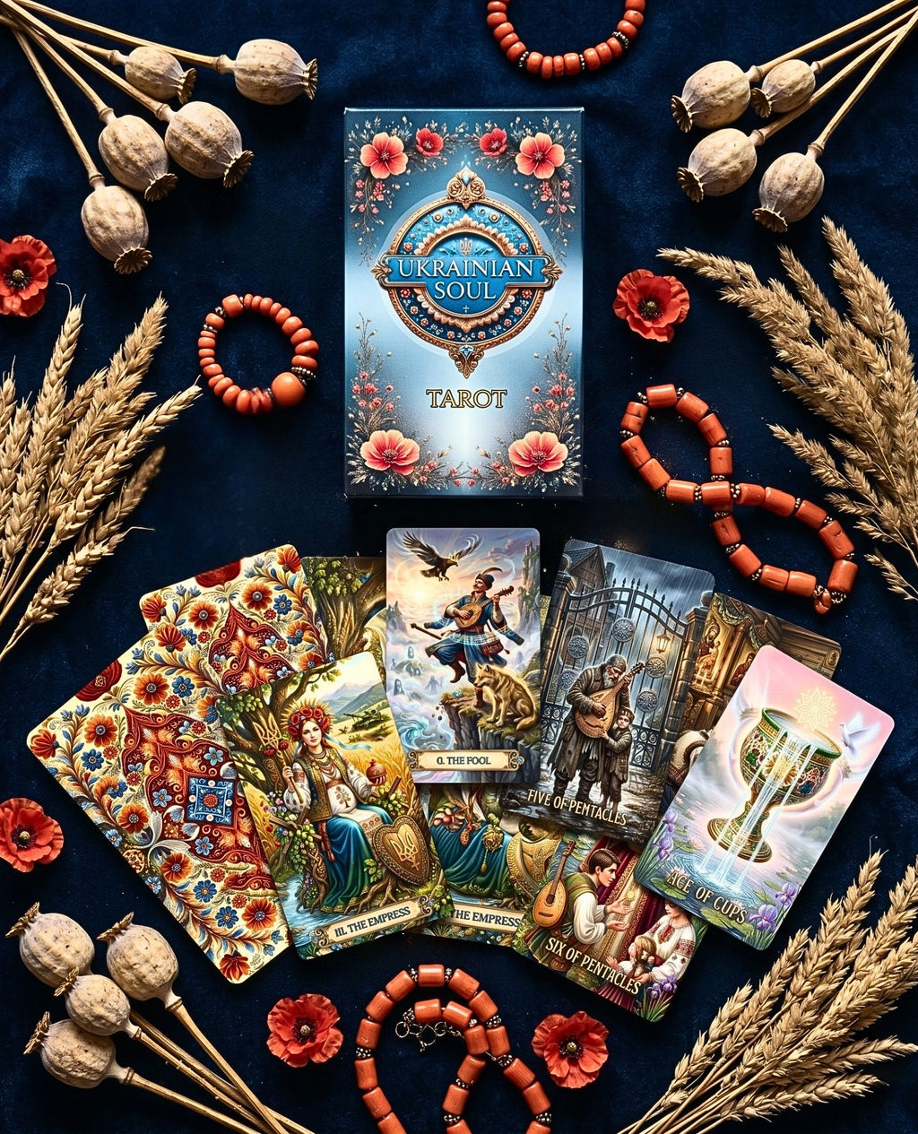 Ukrainian Soul Tarot box and cards The Empress, The Fool, Ace of Cups on blue velvet with red coral beads, wheat and poppy pods — MardocCraft