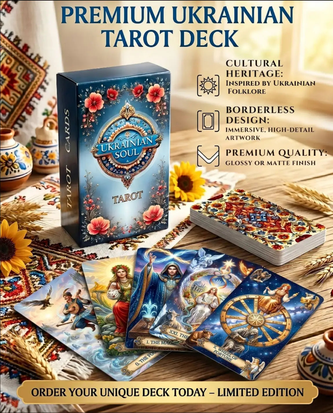Ukrainian Soul Tarot deck — borderless design, premium glossy or matte finish, inspired by Ukrainian folklore — MardocCraft