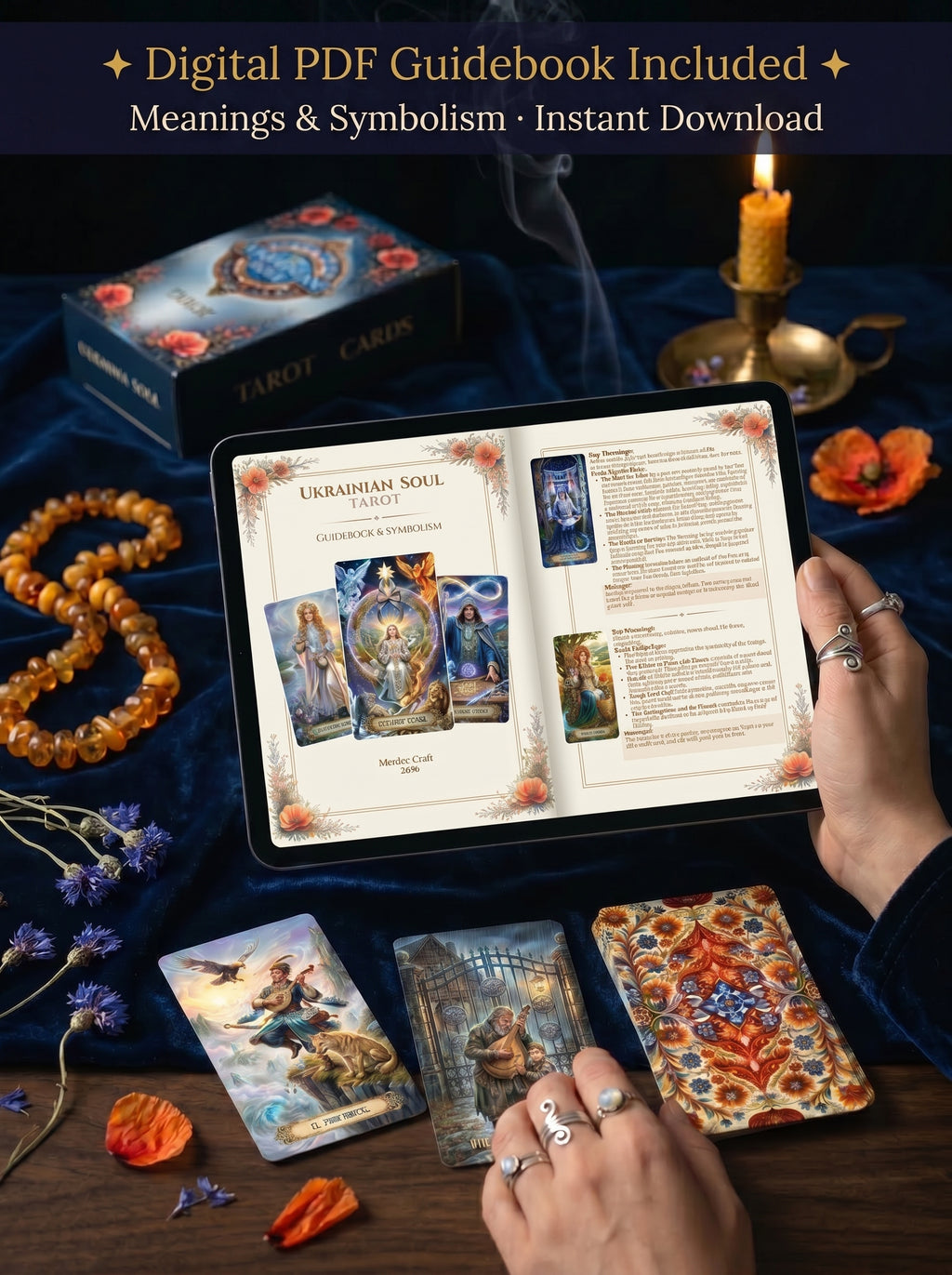 Ukrainian Soul Tarot PDF guidebook on tablet with tarot cards, amber beads and candle on blue velvet - MardocCraft