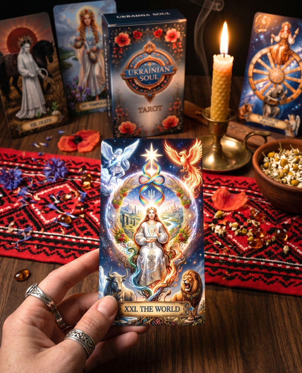Hand holding Ukrainian Soul Tarot XXI The World card over red embroidered cloth with candle, herbs and deck box — MardocCraft