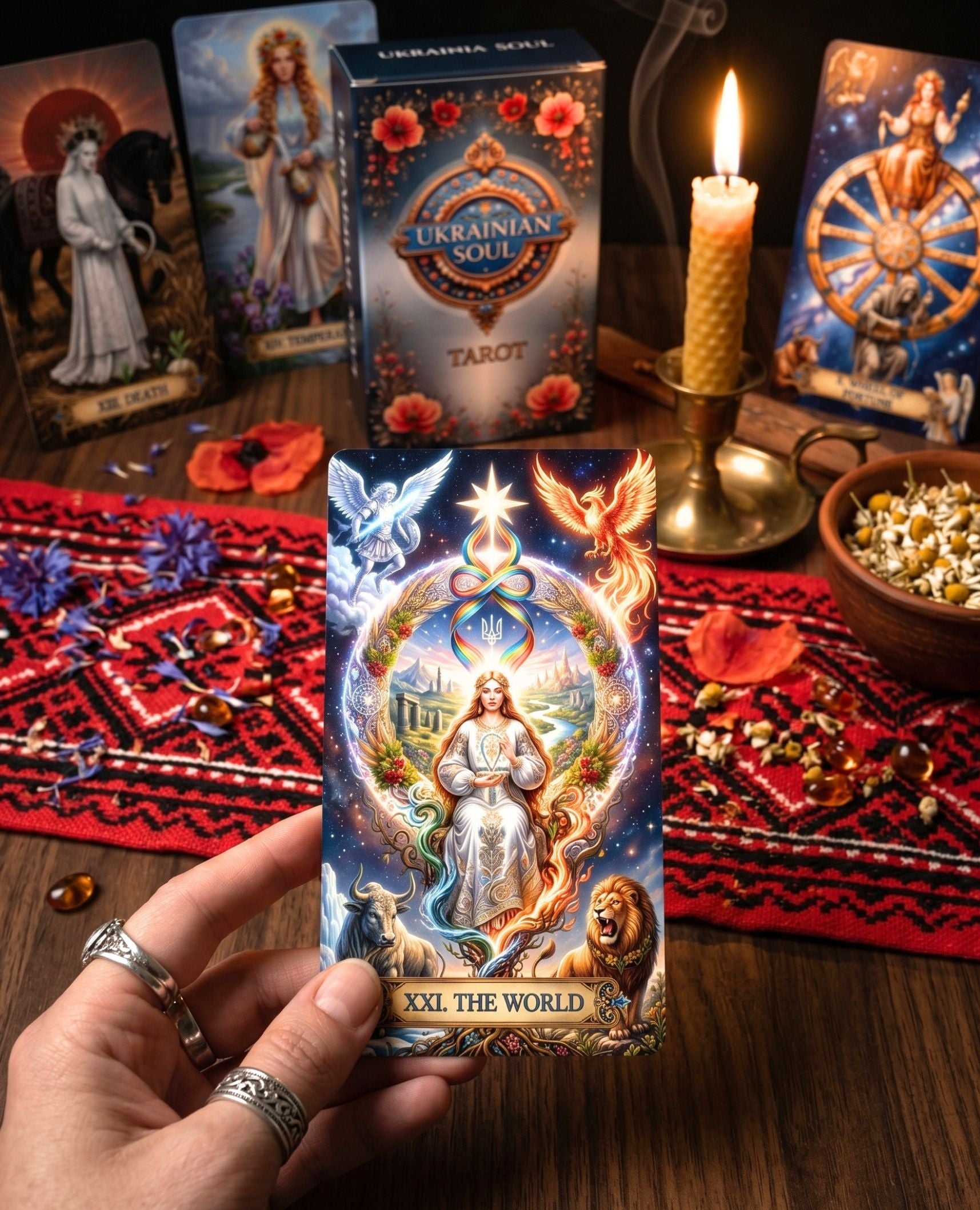 Hand holding Ukrainian Soul Tarot XXI The World card over red embroidered cloth with candle, herbs and deck box — MardocCraft