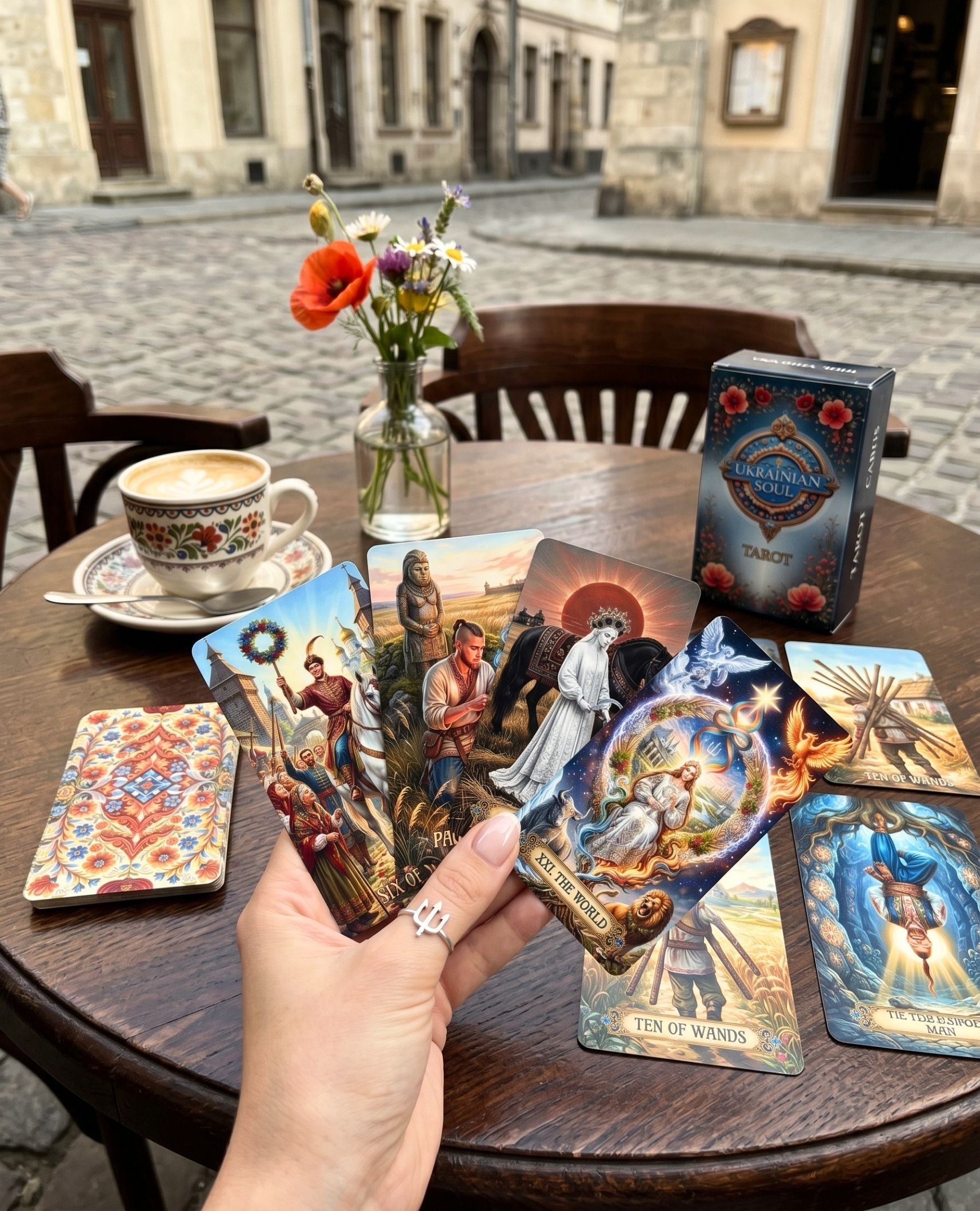 Hand with tryzub ring holding Ukrainian Soul Tarot cards The World, Ten of Wands at street cafe with coffee and wildflowers — MardocCraft
