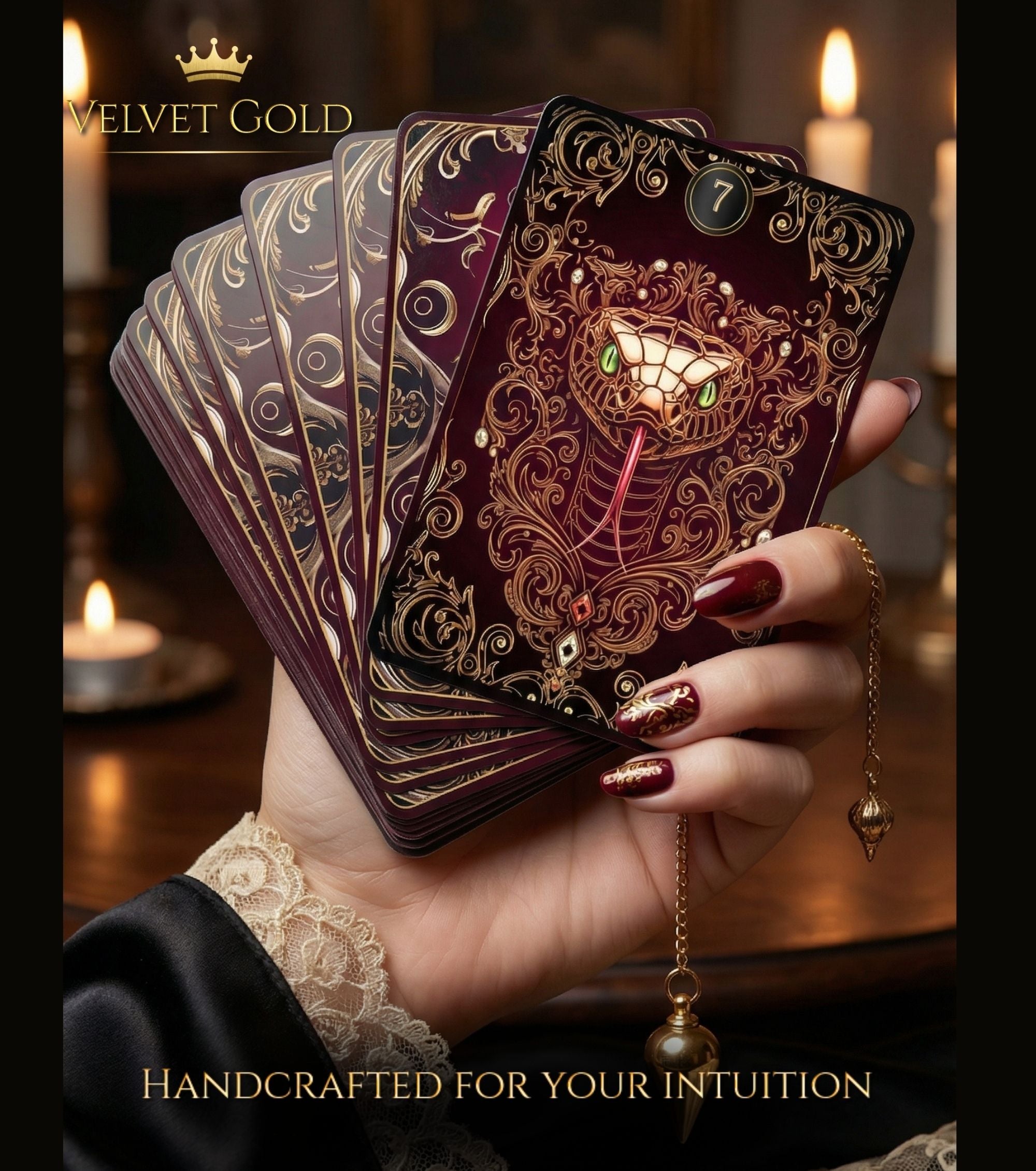 Dark luxury cartomancy deck held in hand — Velvet Gold Lenormand snake card gold baroque candlelight handmade oracle