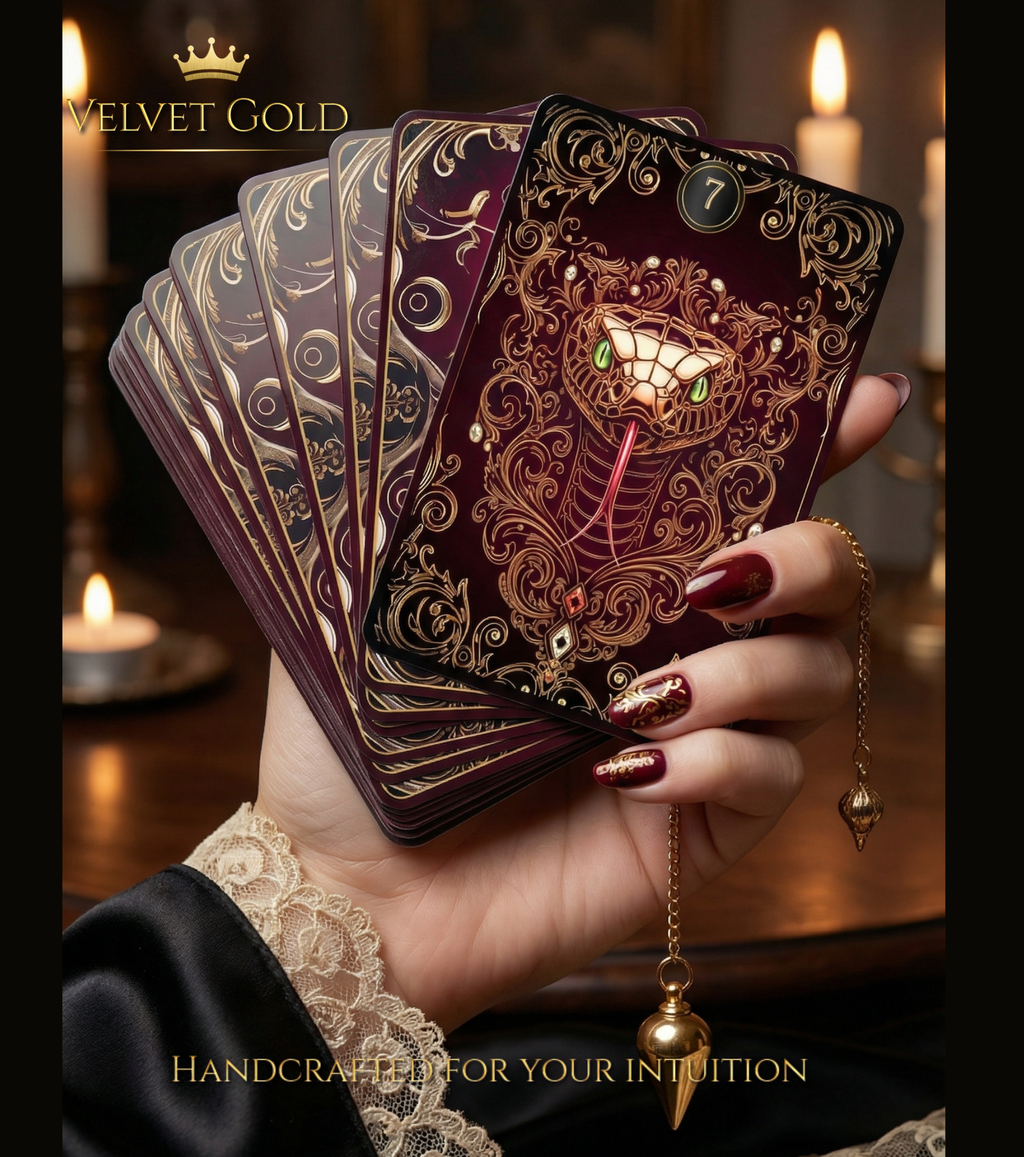 Handcrafted indie deck by tarot cards artist (MARDOC CRAFT). Close-up of Velvet Gold cards fanned with a gold pendulum, featuring No. 7 Snake with emerald-green eyes and gold embossing. Exquisite divination tool for intuition and occult practice with burning candles.