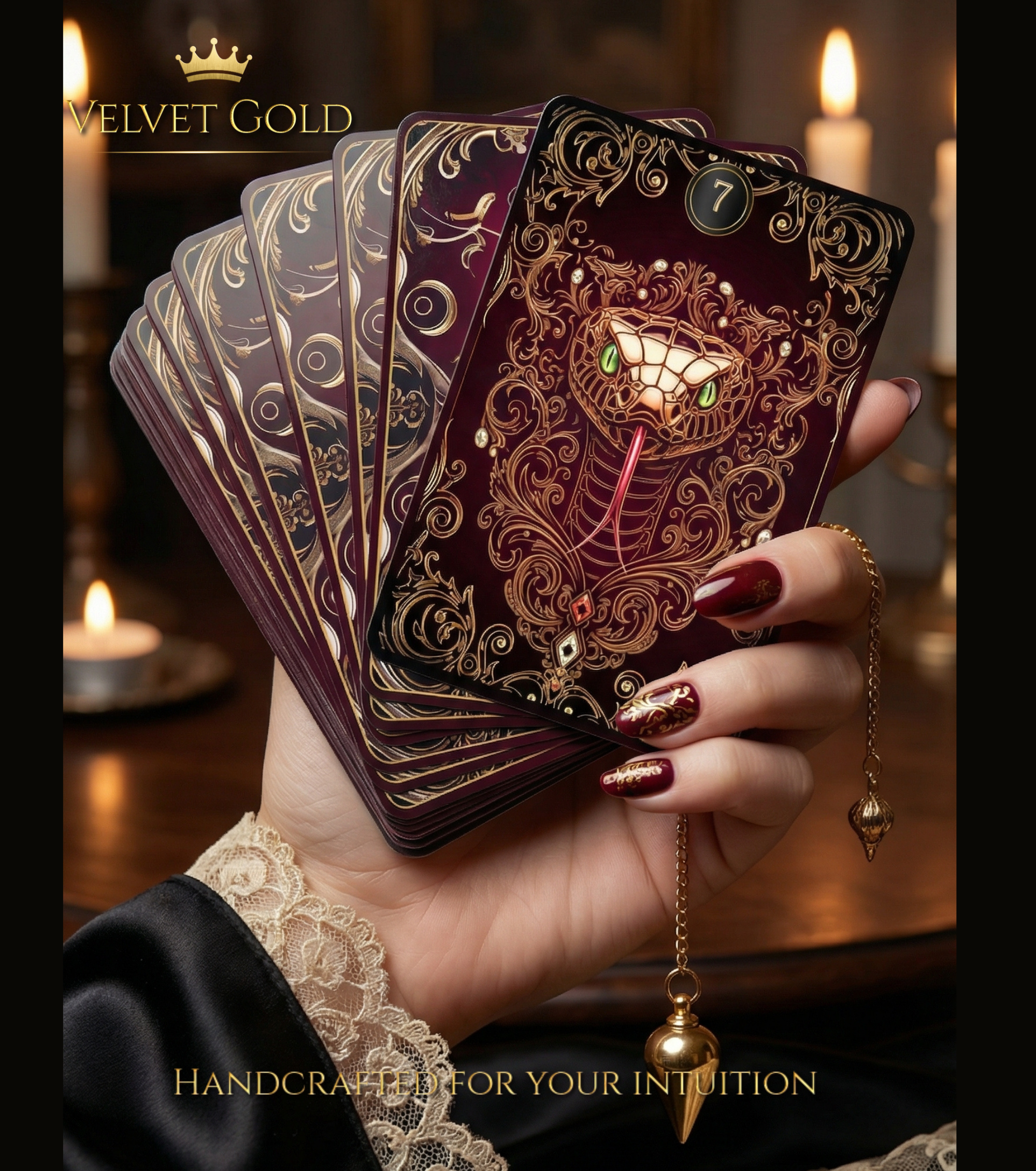 Handcrafted indie deck by tarot cards artist (MARDOC CRAFT). Close-up of Velvet Gold cards fanned with a gold pendulum, featuring No. 7 Snake with emerald-green eyes and gold embossing. Exquisite divination tool for intuition and occult practice with burning candles.