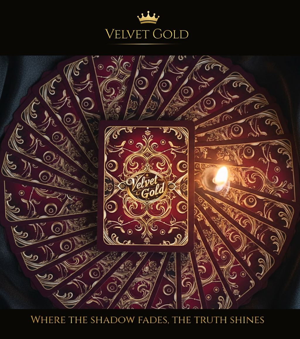 Circular arrangement of Velvet Gold Lenormand card backs by MARDOC CRAFT illuminated by a burning candle. The light highlights the slogan "Where the shadow fades, the truth shines". An exquisite custom divination tool designed for deep shadow work with ornate gold embossing.