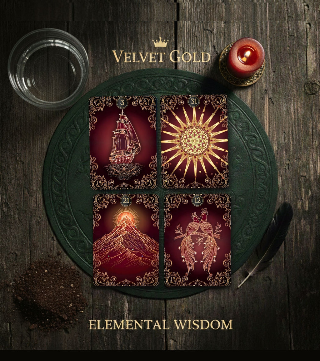 Ritual altar spread with four Lenormand cards — Velvet Gold ship sun mountain birds dark oracle handmade cartomancy Ukraine