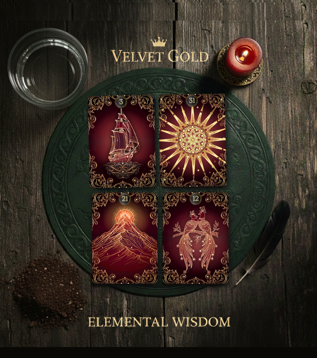 Elemental Wisdom" spread featuring Velvet Gold Lenormand cards by MARDOC CRAFT. An indie oracle deck setup on a wooden altar with No. 3 Ship, No. 31 Sun, No. 21 Mountain, and No. 12 Birds (peacocks). Composition includes elemental symbols (water bowl, burning candle, earth, feather), perfect for a witchy gift.