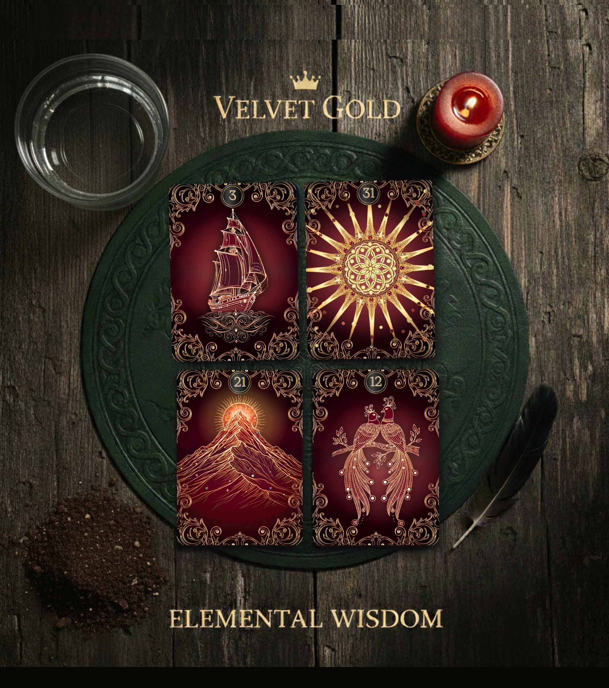 Elemental Wisdom" spread featuring Velvet Gold Lenormand cards by MARDOC CRAFT. An indie oracle deck setup on a wooden altar with No. 3 Ship, No. 31 Sun, No. 21 Mountain, and No. 12 Birds (peacocks). Composition includes elemental symbols (water bowl, burning candle, earth, feather), perfect for a witchy gift.