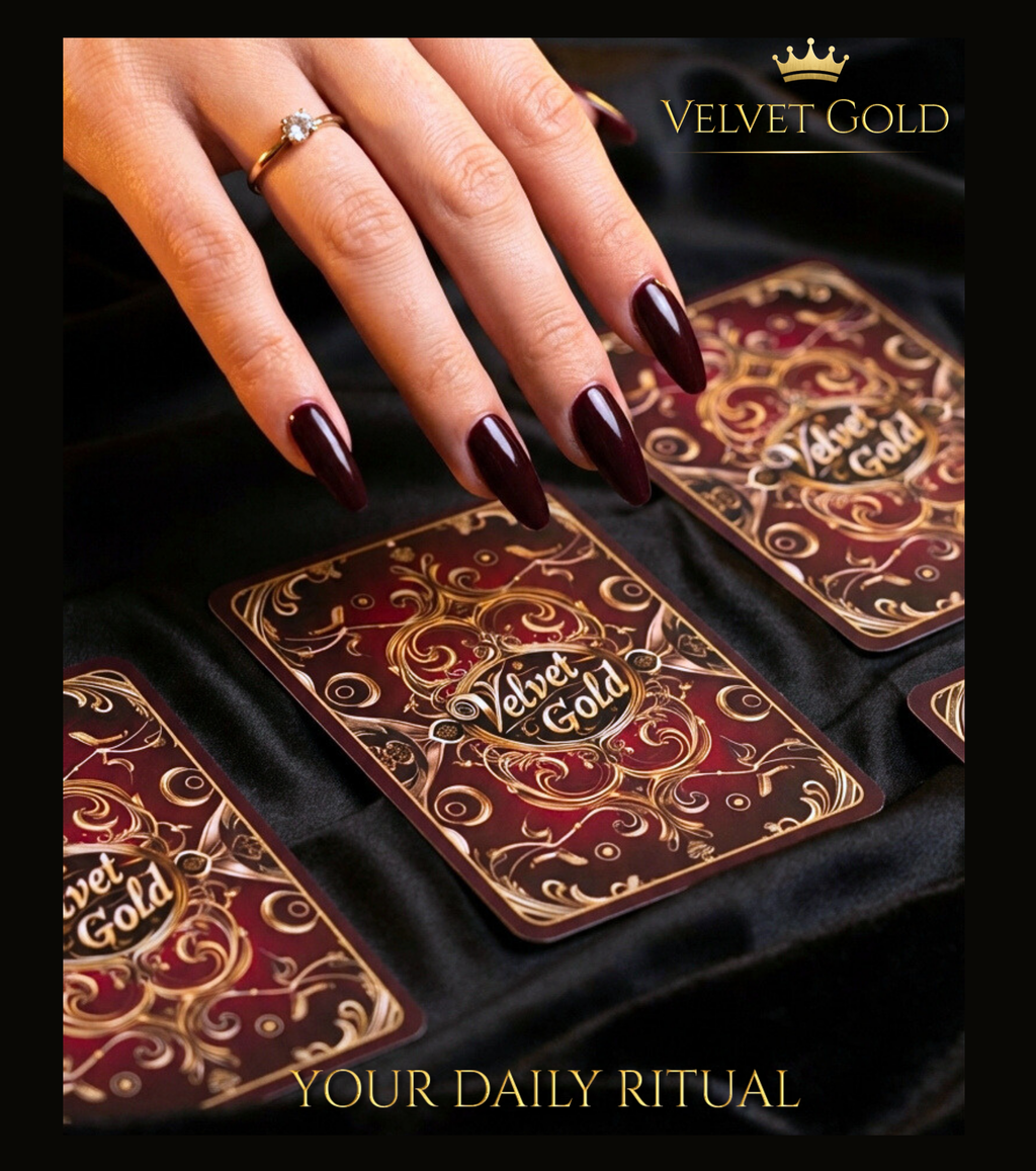 Luxury custom divination tool for daily rituals: a close-up of a hand with burgundy nails touching Velvet Gold Lenormand cards by MARDOC CRAFT. The ornate gold-embossed card backs and "Your Daily Ritual" slogan are set against a dark satin background