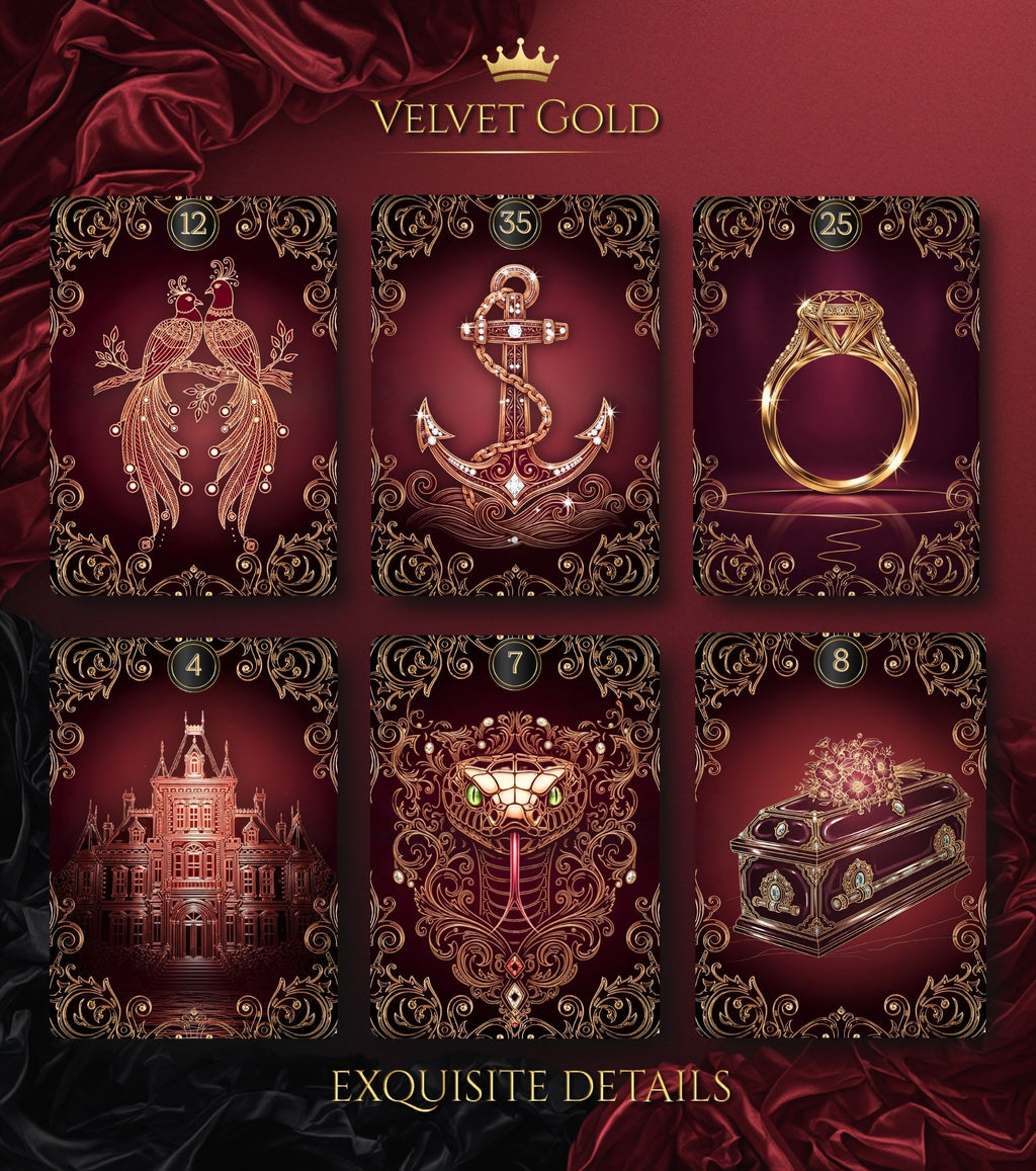 Six classic Lenormand card symbols close-up — Velvet Gold baroque gold illustration birds anchor ring house snake coffin handmade oracle