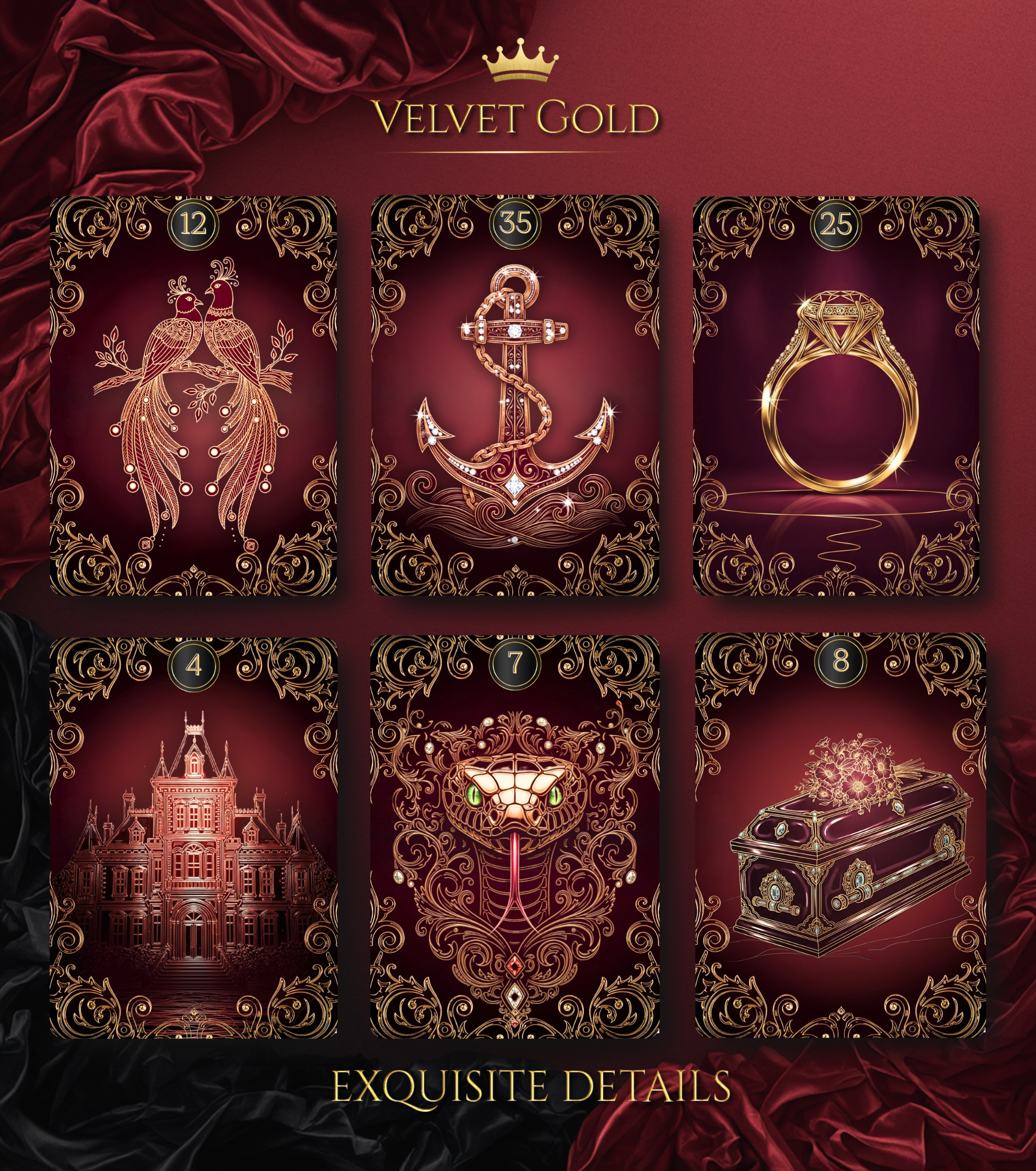 Exquisite custom divination tool for shadow work and cartomancy by MARDOC CRAFT. Close up of Velvet Gold Lenormand cards: No. 12 Birds (peacocks), No. 35 Anchor, No. 25 Ring, No. 4 House mansion, No. 7 Snake, and No. 8 Coffin. Luxury jewelry-inspired filigree design