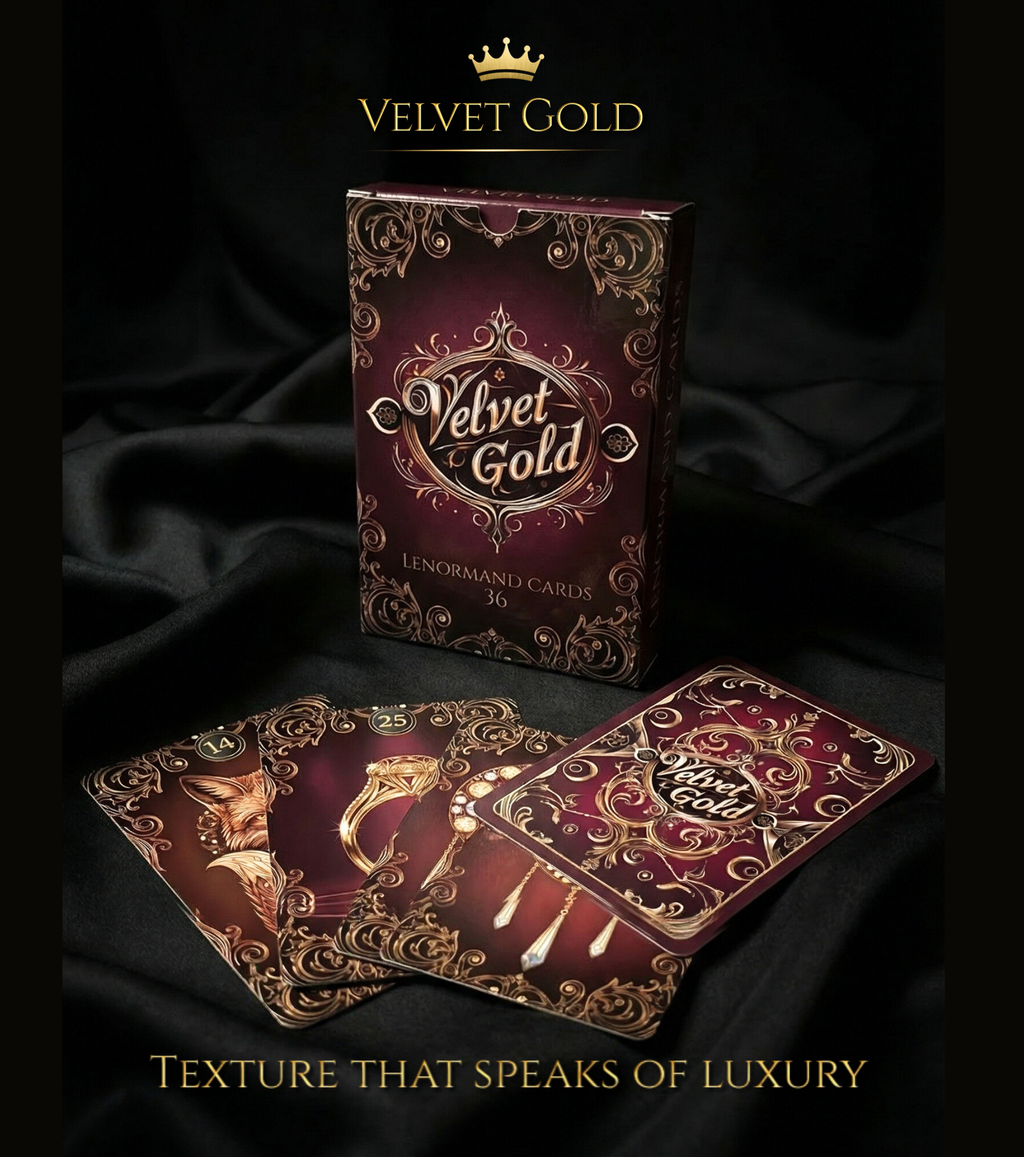 Luxury indie oracle cards packaging and 36-card Lenormand deck by MARDOC CRAFT. "Texture That Speaks of Luxury" presentation on black silk featuring burgundy and gold box with scrollwork. Cards No. 14 Fox, No. 25 Ring, No. 32 Moon, and signature card back. Perfect witchy gift for collectors.