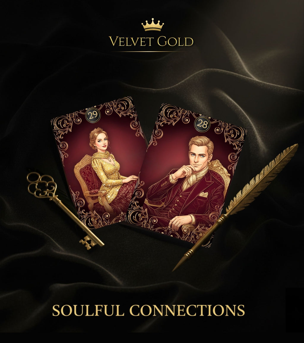 Love oracle reading two cards woman and man — Velvet Gold Lenormand lady gentleman baroque gold dark silk handmade cartomancy