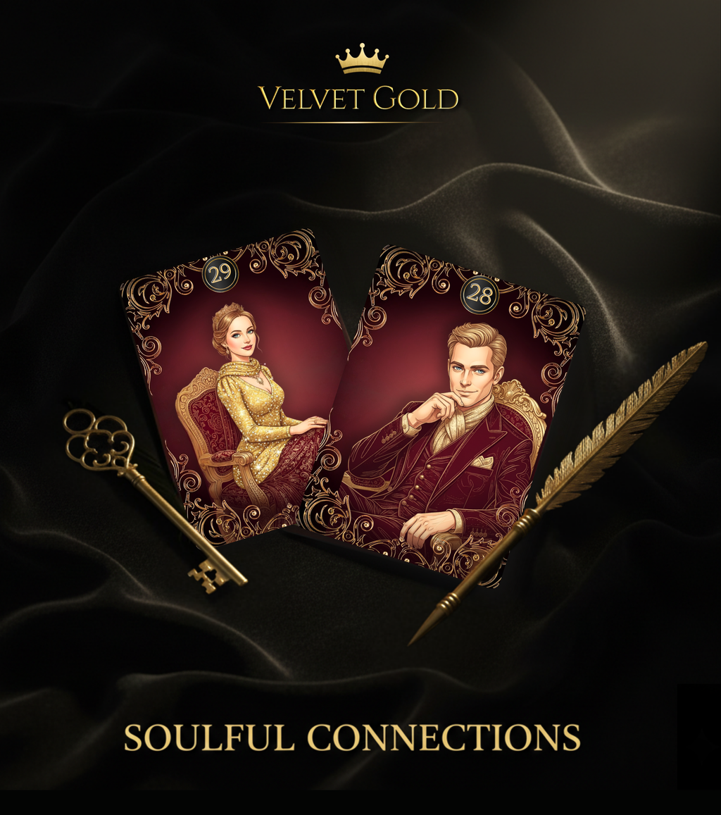 Velvet Gold Lenormand Man and Woman significator cards by MARDOC CRAFT. "Soulful Connections" composition with No. 29 Woman and No. 28 Man in luxurious vintage attire. Custom card deck perfect for relationship readings and fortune telling, featuring a gold key and quill