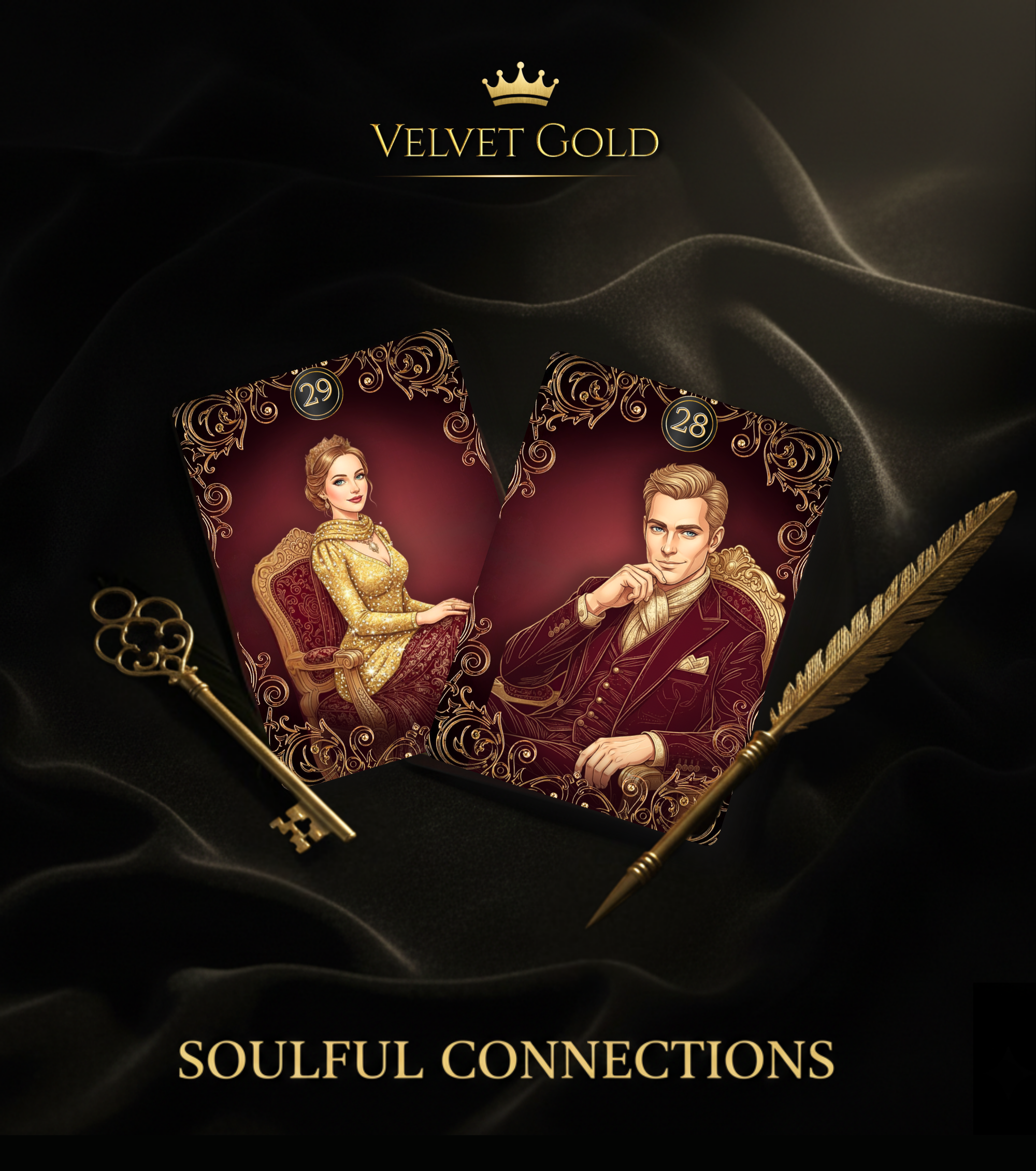 Velvet Gold Lenormand Man and Woman significator cards by MARDOC CRAFT. "Soulful Connections" composition with No. 29 Woman and No. 28 Man in luxurious vintage attire. Custom card deck perfect for relationship readings and fortune telling, featuring a gold key and quill