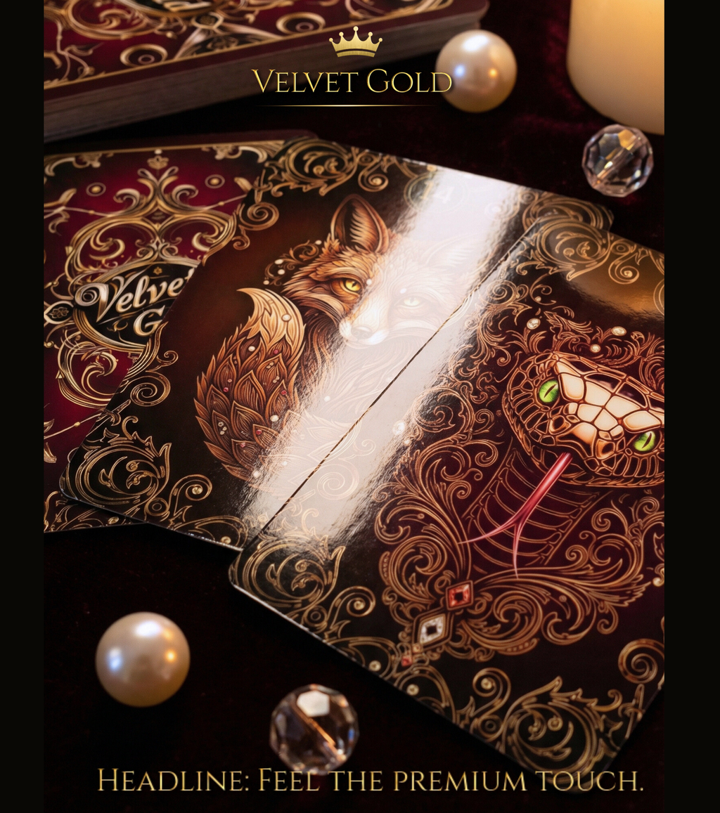 High-quality custom card deck by tarot cards artist (MARDOC CRAFT) showing premium glossy lamination. Close-up of Velvet Gold Lenormand cards No. 14 Fox and No. 7 Snake with gold embossing on a deep burgundy background. Pearls and crystals highlight the exquisite craftsmanship.