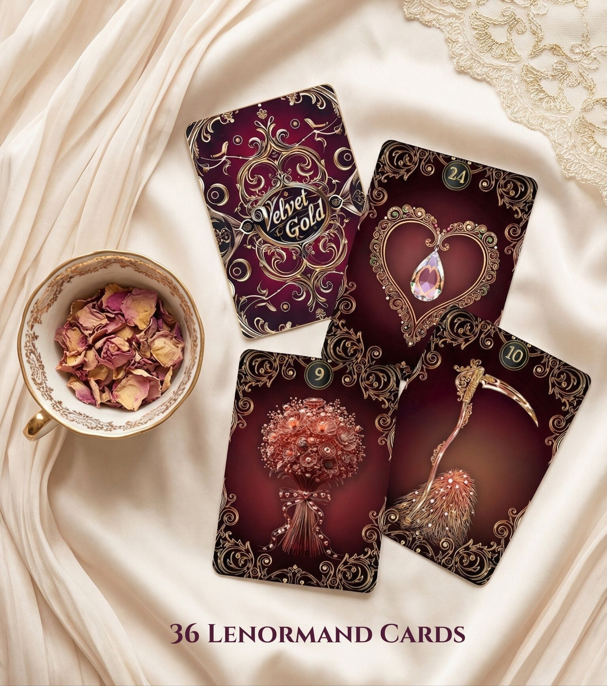 Elegant spiritual gift oracle deck on cream silk — Velvet Gold Lenormand bouquet heart scythe cards rose petals handmade Ukraine