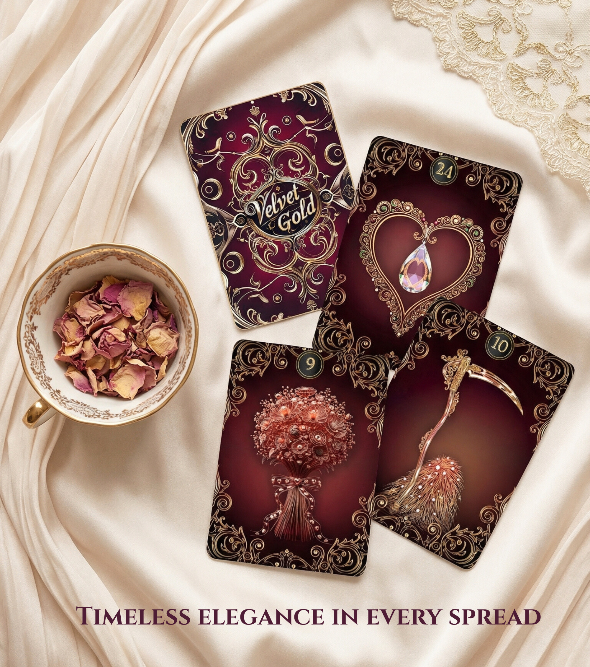 Velvet Gold Lenormand handmade deck of cards by MARDOC CRAFT. Still life "Timeless Elegance in Every Spread" on cream fabric with No. 24 Heart (gemstone), No. 9 Bouquet (jewelry style), and No. 10 Scythe. Elegant porcelain teacup with rose petals, perfect for collectors of luxury divination tools.