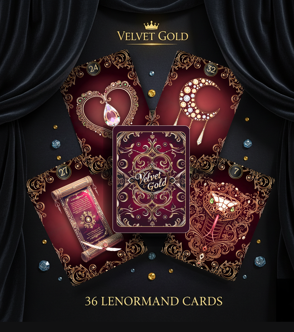 Velvet Gold Lenormand custom deck of cards and oracle deck for fortune telling by MARDOC CRAFT. Luxury edition featuring No. 24 Heart with gemstone, No. 32 Moon, No. 27 Letter scroll, and No. 7 Snake with gold filigree on deep burgundy background