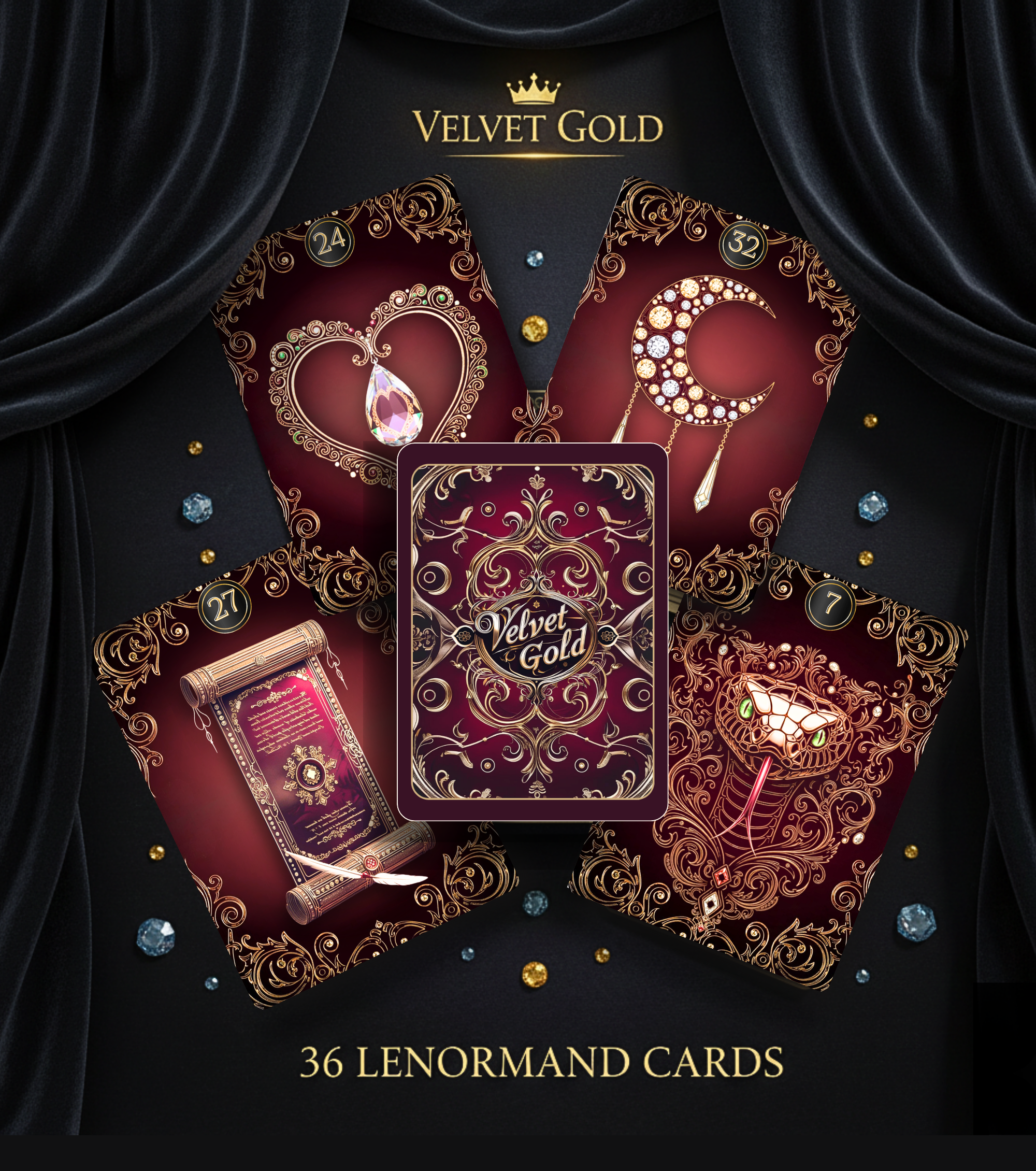 Velvet Gold Lenormand custom deck of cards and oracle deck for fortune telling by MARDOC CRAFT. Luxury edition featuring No. 24 Heart with gemstone, No. 32 Moon, No. 27 Letter scroll, and No. 7 Snake with gold filigree on deep burgundy background