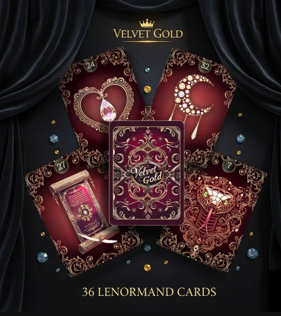 Velvet Gold Lenormand 36 cards display — dark luxury oracle deck burgundy gold baroque handmade MardocCraft Ukraine