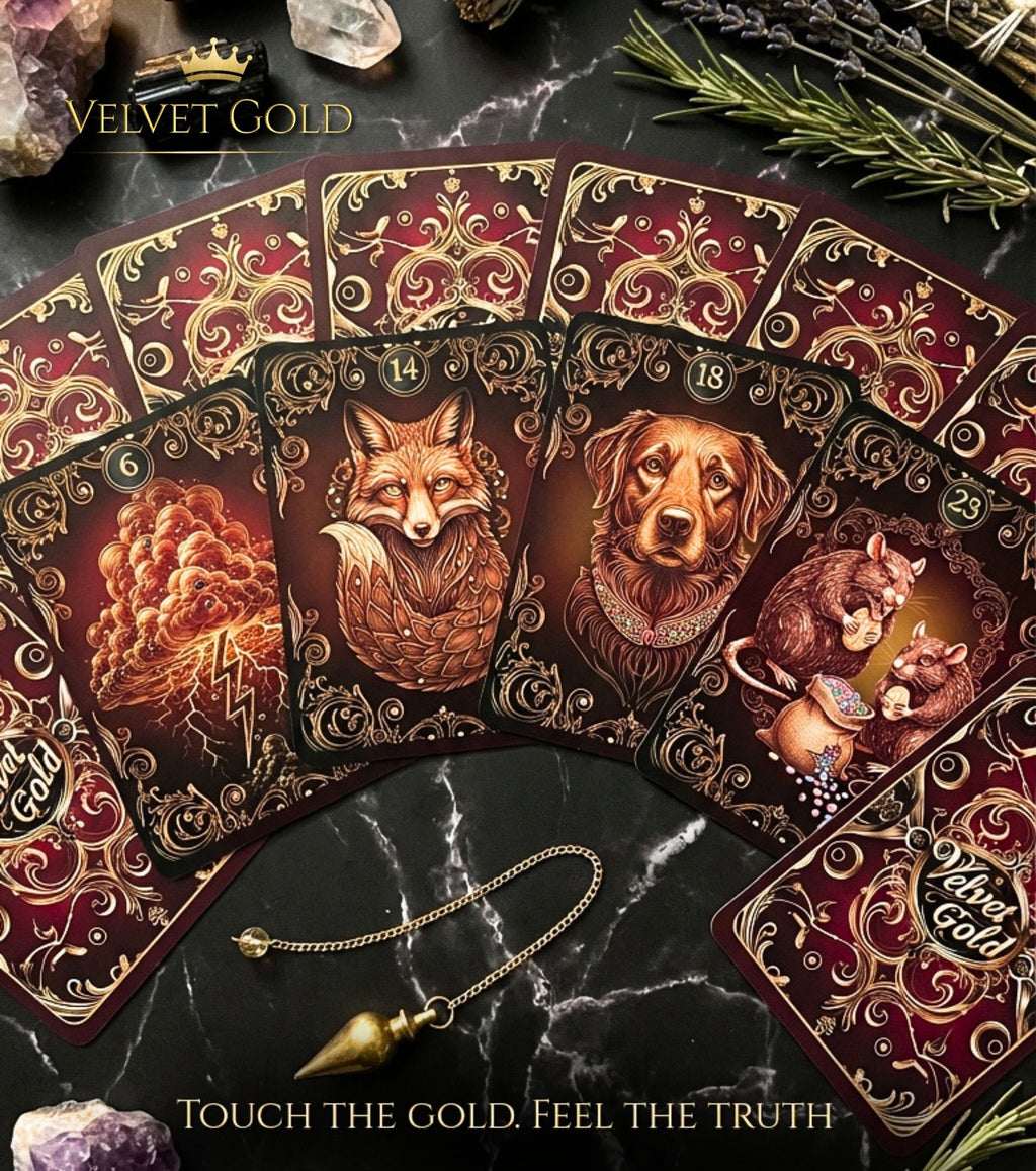 Fortune telling deck fanned on marble with pendulum — Velvet Gold Lenormand fox dog clouds animals baroque gold MardocCraft Ukraine