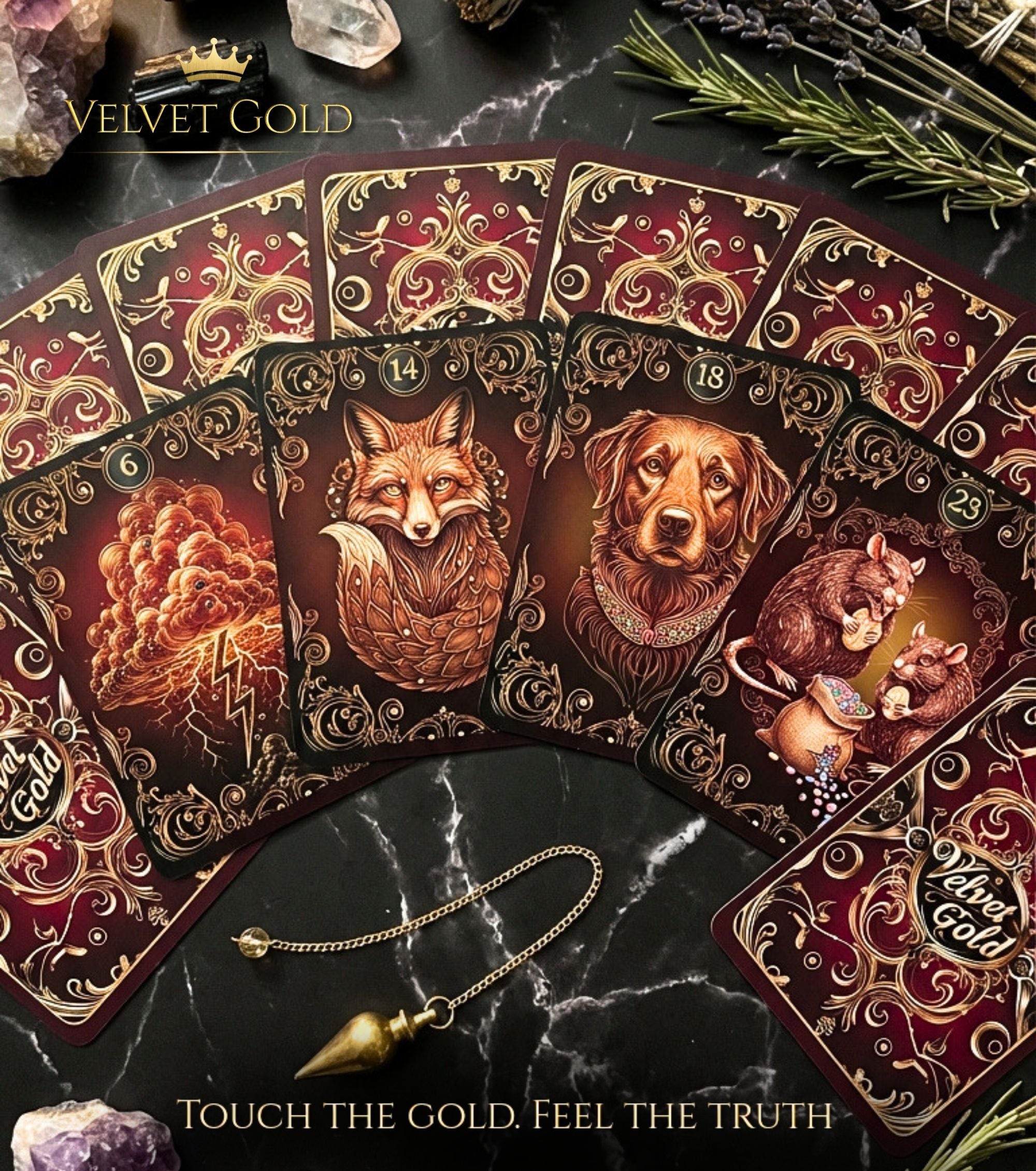 Fortune telling deck fanned on marble with pendulum — Velvet Gold Lenormand fox dog clouds animals baroque gold MardocCraft Ukraine