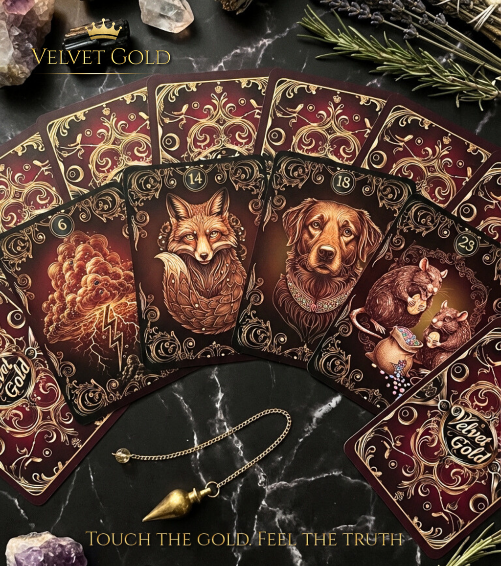 Professional divination tool for Lenormand reading and oracle cards spreads by MARDOC CRAFT. Fan spread of Velvet Gold cards featuring No. 6 Clouds, No. 14 Fox, No. 18 Dog, and No. 23 Mice on dark marble. Includes a gold pendulum, amethyst crystals, and lavender for a mystical atmosphere.