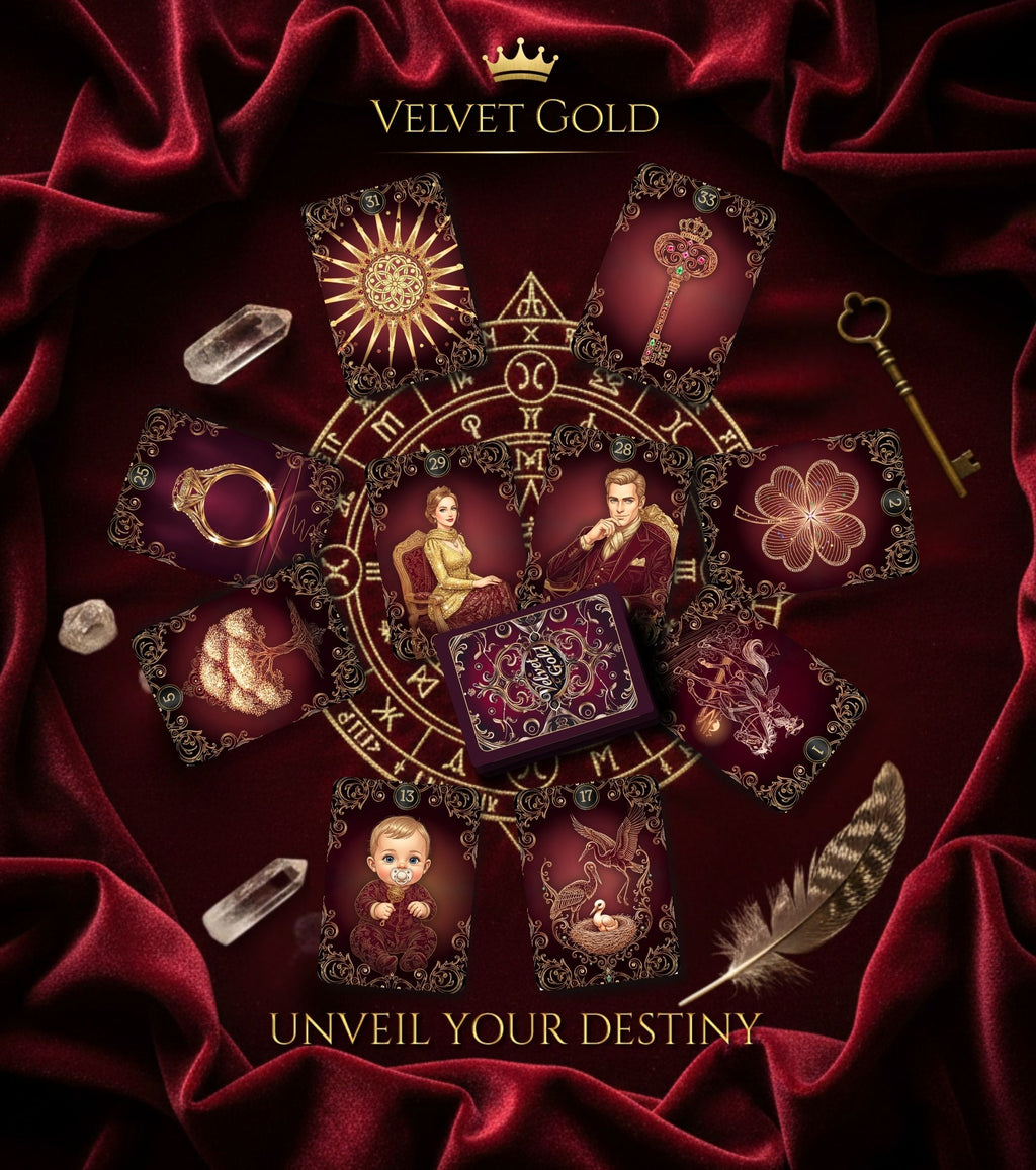 Lenormand card reading spread on burgundy velvet — Velvet Gold oracle deck classic symbols fortune telling handmade Ukraine