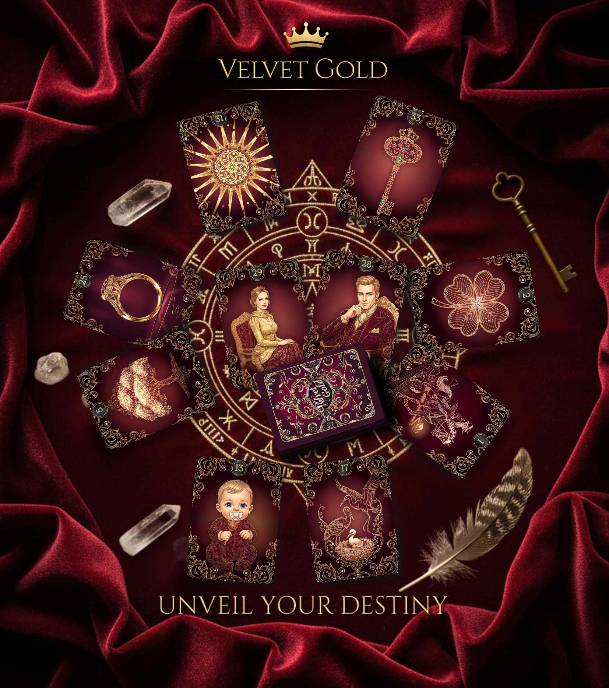 Velvet Gold Lenormand oracle cards for fortune telling and general reading by MARDOC CRAFT. "Unveil Your Destiny" circular spread on red velvet featuring Sun, Key, Ring, Woman, Man, Clover, Rider, Storks, and Child cards. Mystical composition with quartz crystals, a feather, and a vintage key