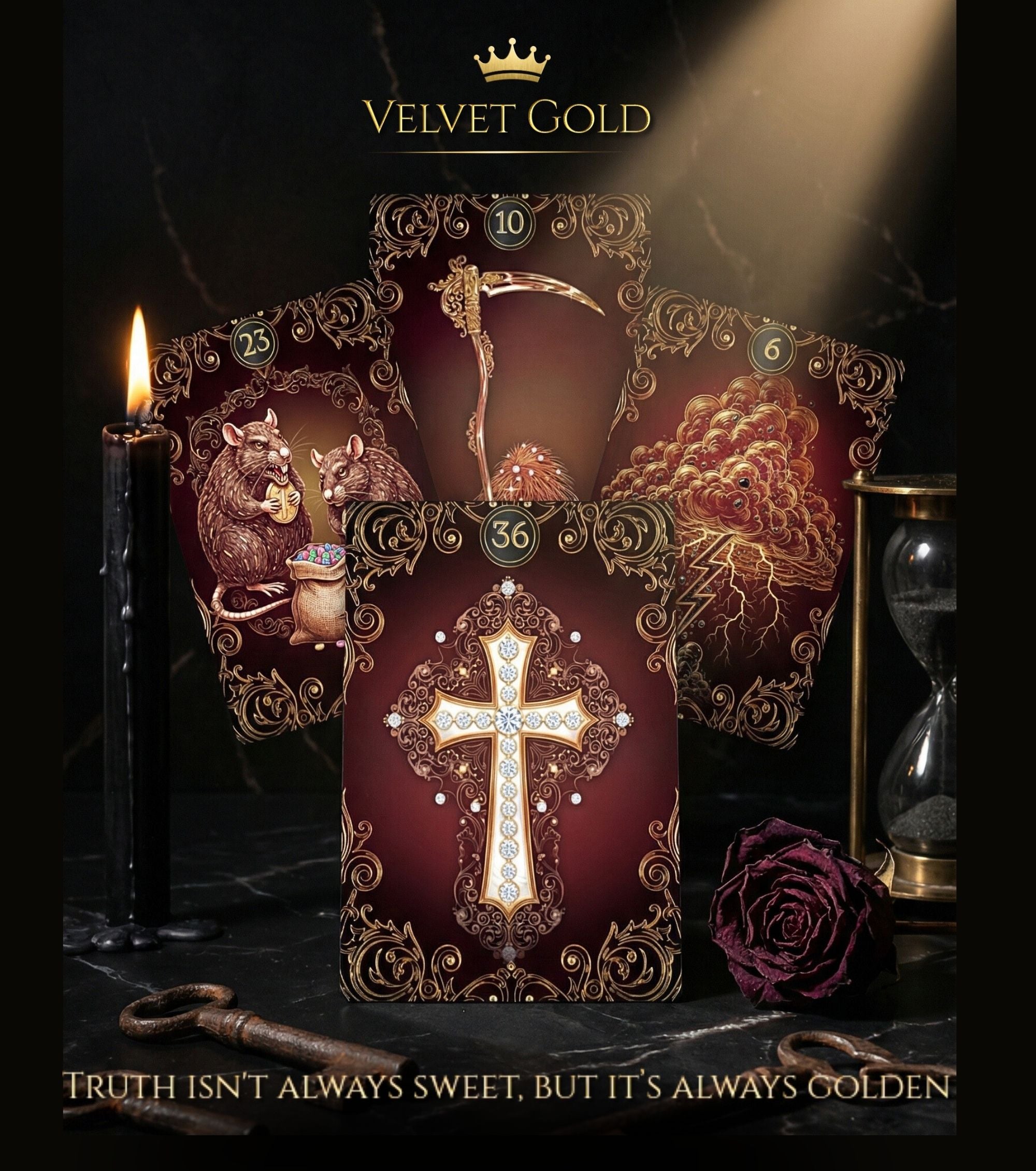 Shadow work oracle cards on dark marble altar — Velvet Gold Lenormand cross scythe mice baroque gold independent artist Ukraine