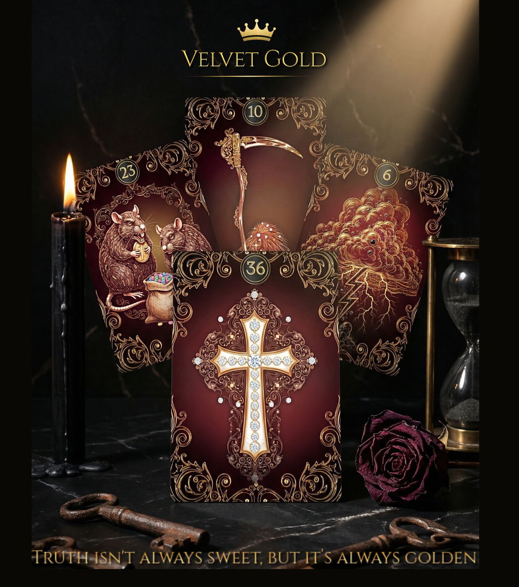 Custom divination tool for honest fortune telling and general readings by MARDOC CRAFT. Dramatic "Truth isn't always sweet" composition featuring Velvet Gold No. 36 Cross (diamonds), No. 23 Rats, No. 10 Scythe, and No. 6 Clouds. Dark aesthetic with a black candle, hourglass, and vintage keys on marble.