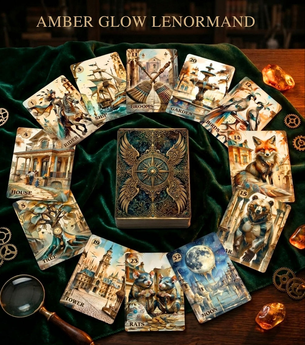 Full card spread of Amber Glow Lenormand on green velvet — vintage oracle deck 36 cards, steampunk divination, handmade Ukraine MardocCraft