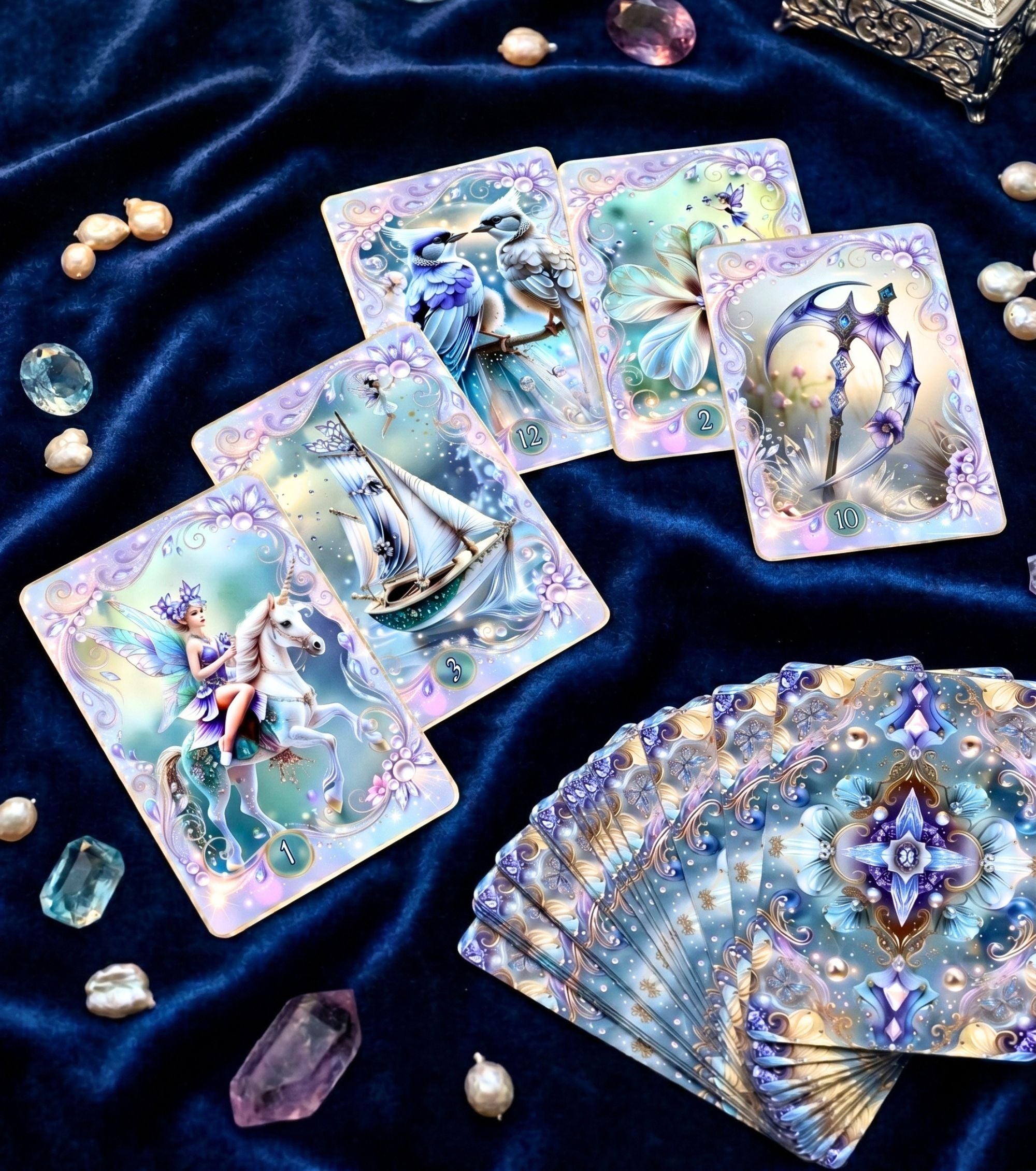 Four Fae Whisper Lenormand cards with fanned card backs on blue velvet — handmade fortune telling deck with pearls and crystals