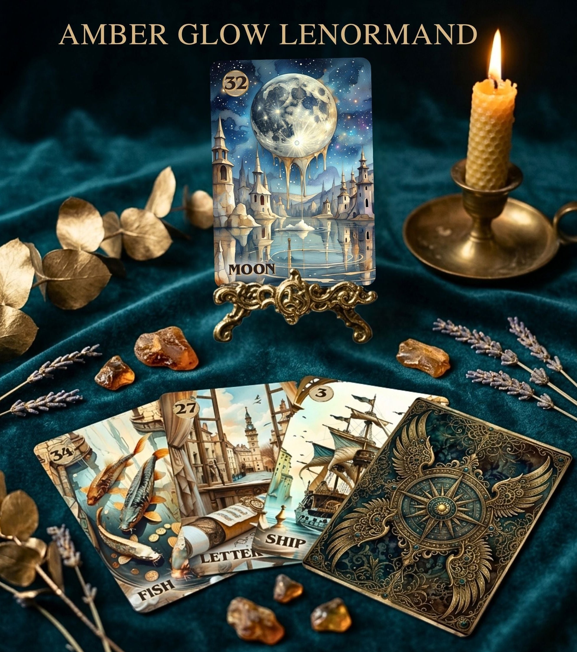 Steampunk Lenormand Moon card on display stand with Fish, Letter, Ship cards on teal velvet — candle, amber and lavender MardocCraft